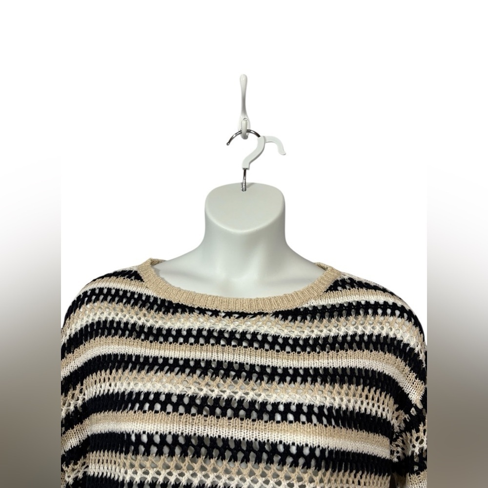 NEW, Laura, Striped Open-Knit Sweater, XL, Black, White, Cream - Picture 5 of 9